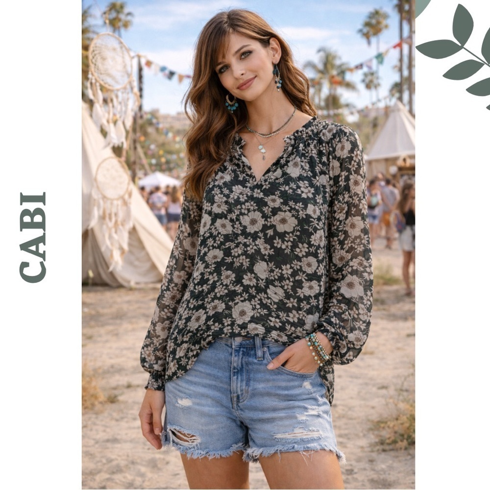 Cabi Floral Boho Blouse Small — Sheer Long Sleeve V-Neck Top